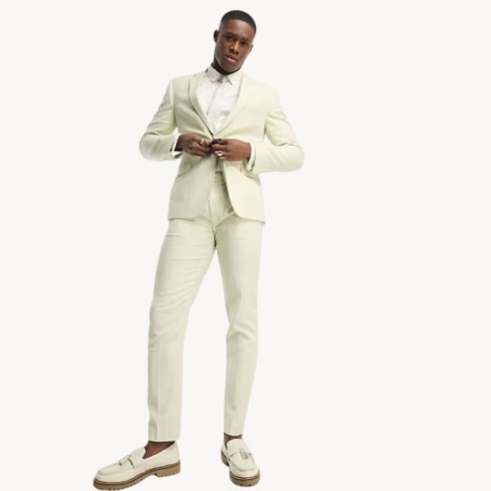 ASOS Design Sz 30 Super Skinny Suit Pant In Puppytooth Check Linen Green Stretch